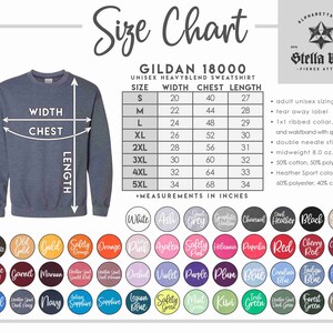 May include: Size chart for Gildan 18000 unisex heavyweight blend sweatshirt. The chart shows sizes from S to 5XL with corresponding width, chest, and length measurements in inches. The chart also includes information about the fabric composition and features of the sweatshirt.