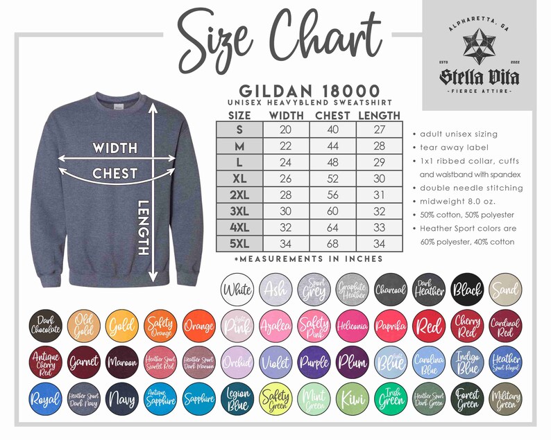 May include: Size chart for Gildan 18000 unisex heavyweight blend sweatshirt. The chart shows sizes from S to 5XL with corresponding width, chest, and length measurements in inches. The chart also includes information about the fabric composition and features of the sweatshirt.