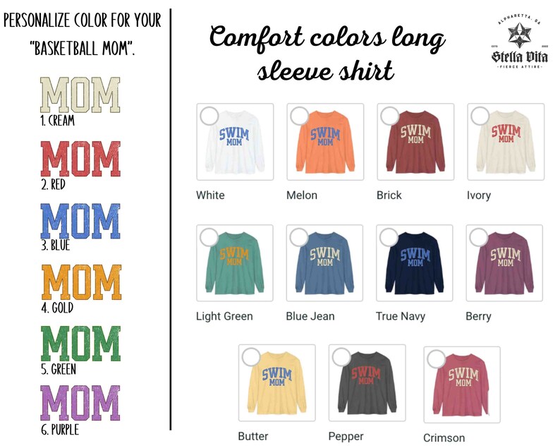 Puede incluir: Un gr&aacute;fico que muestra seis opciones de color diferentes para una camisa de manga larga con el texto "Swim Mom" en la parte delantera. Los colores son crema, rojo, azul, dorado, verde y morado. La camisa est&aacute; disponible en una variedad de colores, incluyendo blanco, mel&oacute;n, ladrillo, marfil, verde claro, azul vaquero, azul marino, baya, mantequilla, pimienta y carmes&iacute;.