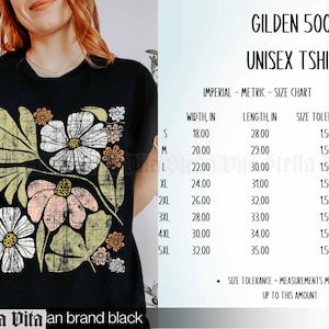 May include: Black unisex Gildan 5000 t-shirt with a floral print in shades of pink, white, and yellow. The size chart shows width and length measurements in inches.