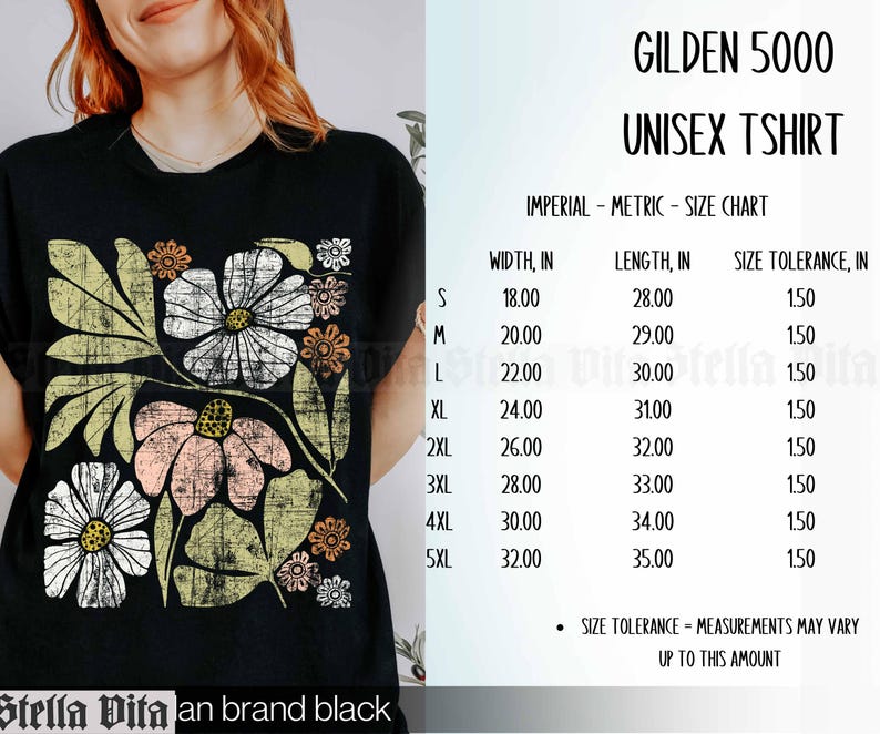 May include: Black unisex Gildan 5000 t-shirt with a floral print in shades of pink, white, and yellow. The size chart shows width and length measurements in inches.