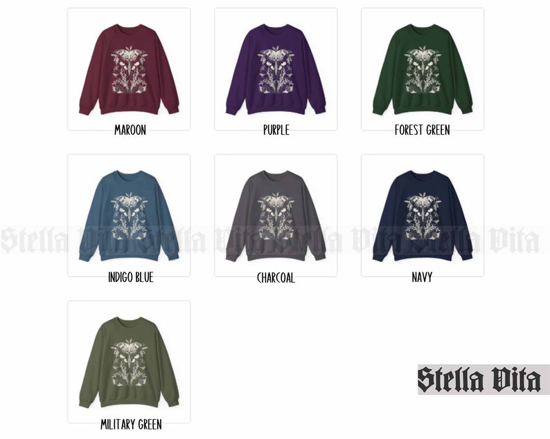 May include: A selection of crew neck sweatshirts with a white floral design on the front. The sweatshirts are available in maroon, purple, forest green, indigo blue, charcoal, navy, and military green.