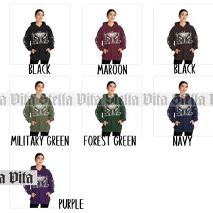 May include: A collection of hoodies in various colors, including black, maroon, military green, forest green, navy, and purple. Each hoodie features a graphic print of a butterfly with intricate details.