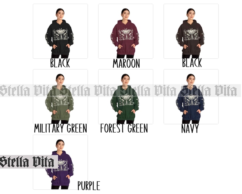 May include: A collection of hoodies in various colors, including black, maroon, military green, forest green, navy, and purple. Each hoodie features a graphic print of a butterfly with intricate details.