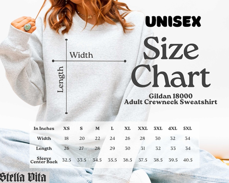 May include: A light gray unisex Gildan 18000 adult crewneck sweatshirt with a size chart. The chart shows measurements in inches for width, length, and sleeve center back, ranging from XS to 5XL. The word "UNISEX" is at the top.