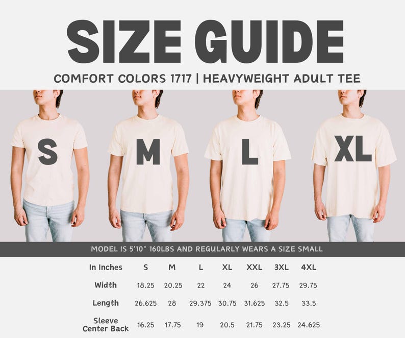 Puede incluir: Tabla de tallas para una camiseta de adulto de peso pesado en Comfort Colors 1717. La tabla muestra las medidas en pulgadas para el ancho, la longitud, la manga y la espalda central para las tallas S, M, L, XL, XXL, 3XL y 4XL.