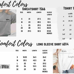 May include: A size chart for sweatshirts, t-shirts, and long-sleeve shirts from Comfort Colors. The chart shows the width and length measurements in inches for each size, from small to 3XL.