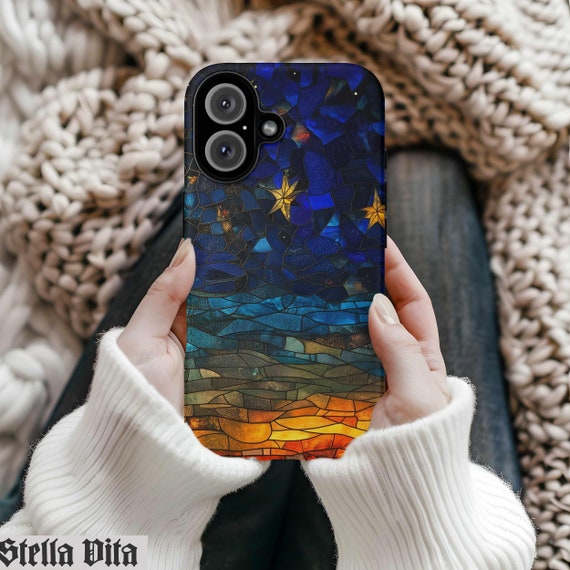 Sunset Stars Phone Iphone Case, Moon Celestial Magsafe Phone Cover , Stained Glass Cases, Night Sky Design, Phone Accessories, Space Lover