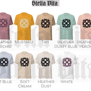 May include: A set of ten t-shirts in various colors, each featuring a black and white geometric design. The colors include heather orchid, mustard, tan, heather dusty blue, heather peach, light blue, soft cream, heather dust, and white.