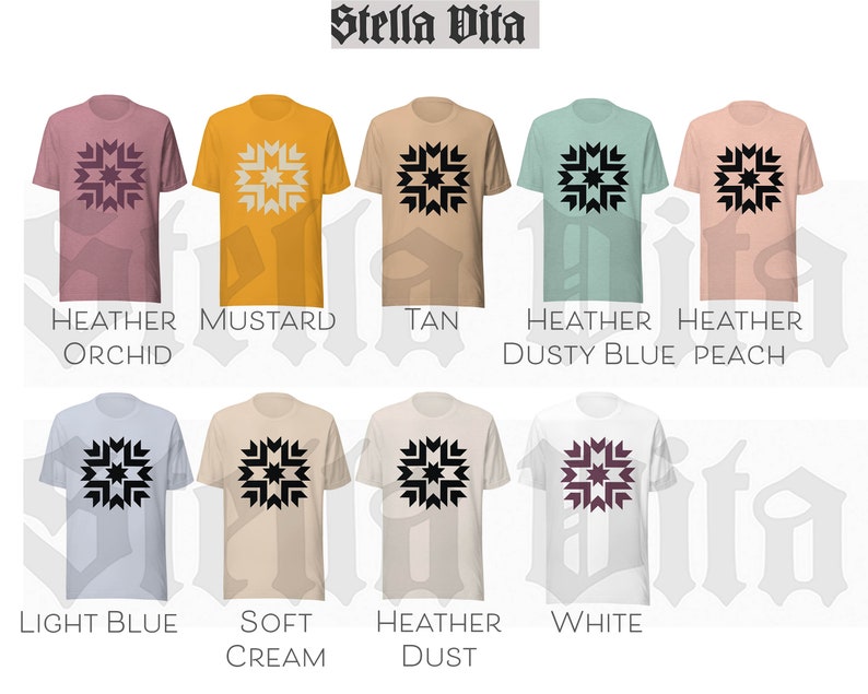 May include: A set of ten t-shirts in various colors, each featuring a black and white geometric design. The colors include heather orchid, mustard, tan, heather dusty blue, heather peach, light blue, soft cream, heather dust, and white.