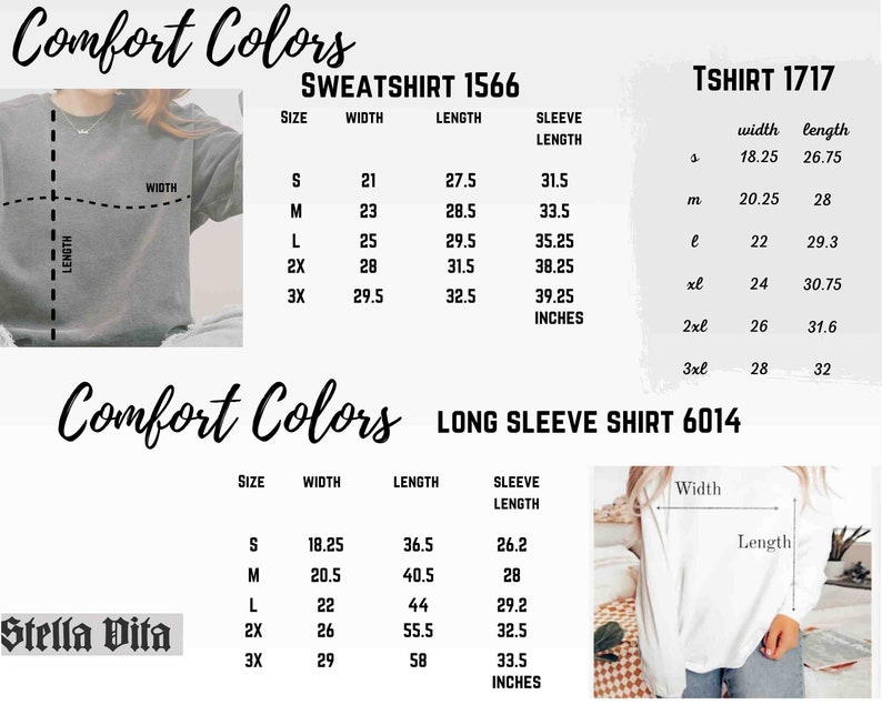 Puede incluir: Tabla de tallas para sudaderas, camisetas y camisas de manga larga Comfort Colors. La tabla muestra las medidas de ancho y largo en pulgadas para cada talla, desde la S hasta la 3XL.