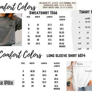 Peut inclure: Un tableau des tailles pour les sweat-shirts, t-shirts et chemises &agrave; manches longues Comfort Colors. Le tableau indique les mesures de largeur et de longueur en pouces pour chaque taille, du S au 3XL. Le tableau comprend &eacute;galement les mesures de la longueur des manches pour les sweat-shirts et les chemises &agrave; manches longues.