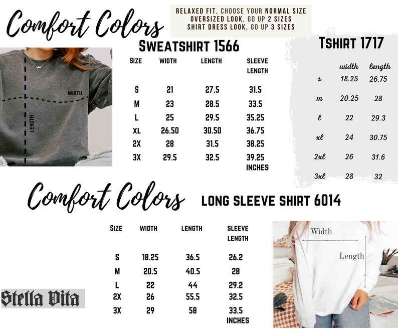 Peut inclure: Un tableau des tailles pour les sweat-shirts, t-shirts et chemises &agrave; manches longues Comfort Colors. Le tableau indique les mesures de largeur et de longueur en pouces pour chaque taille, du S au 3XL. Le tableau comprend &eacute;galement les mesures de la longueur des manches pour les sweat-shirts et les chemises &agrave; manches longues.