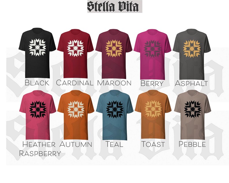 May include: Ten different color t-shirts with a white geometric design on the front. The colors are black, cardinal, maroon, berry, asphalt, heather raspberry, autumn, teal, toast, and pebble.