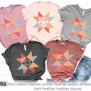 May include: Five t-shirts with a geometric star design in various colors: heather orchid, heather peach, athletic heather, dark heather, and heather mauve. The text "Stella Vita" and "Shirt colors" is visible at the bottom of the image.