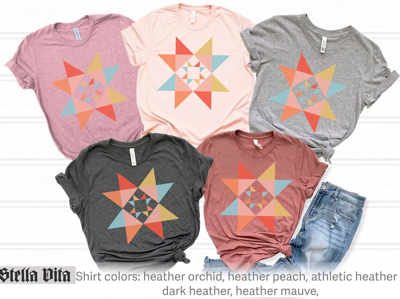 May include: Five t-shirts with a geometric star design in various colors: heather orchid, heather peach, athletic heather, dark heather, and heather mauve. The text "Stella Vita" and "Shirt colors" is visible at the bottom of the image.