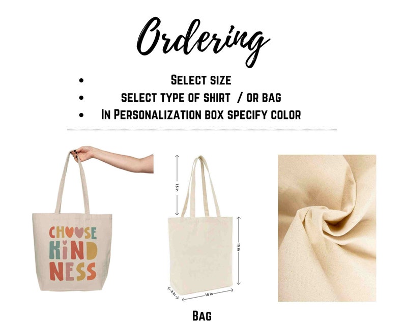 K&ouml;nnte beinhalten: Eine beige Canvas-Tragetasche mit dem Text "Choose Kindness" in bunten Buchstaben. Die Tasche ist 18 Zoll breit und 15 Zoll hoch. Die Tasche wird mit einer Nahaufnahme der Stoffstruktur gezeigt.