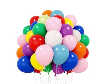 May include: A vibrant bouquet of colorful balloons in shades of red, orange, yellow, green, blue, pink, and purple. The balloons are tied together with silver strings, creating a festive and cheerful display.