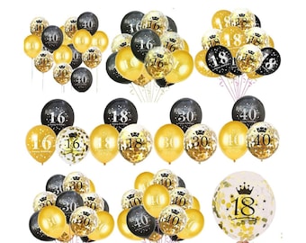 Goldene und schwarze Geburtstagsballons zum 16., 18., 40., 50. Lebensjahr, Zahl 15, Packung, Jubiläumsparty-Dekoration, Großbritannien