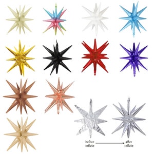 Könnte beinhalten: Ein Set mit 12 sternförmigen Ballons in verschiedenen Farben, darunter Gold, Silber, Rot, Blau, Pink und Schwarz. Die Ballons sind entleert und gefaltet, mit einem Pfeil nach rechts, der die aufgeblasenen Ballons zeigt.