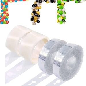 May include: Two rolls of clear balloon arch tape with adhesive dots, two rolls of white balloon arch tape with adhesive dots, and a roll of clear balloon arch tape with adhesive dots. The tape is used to create balloon arches and garlands.