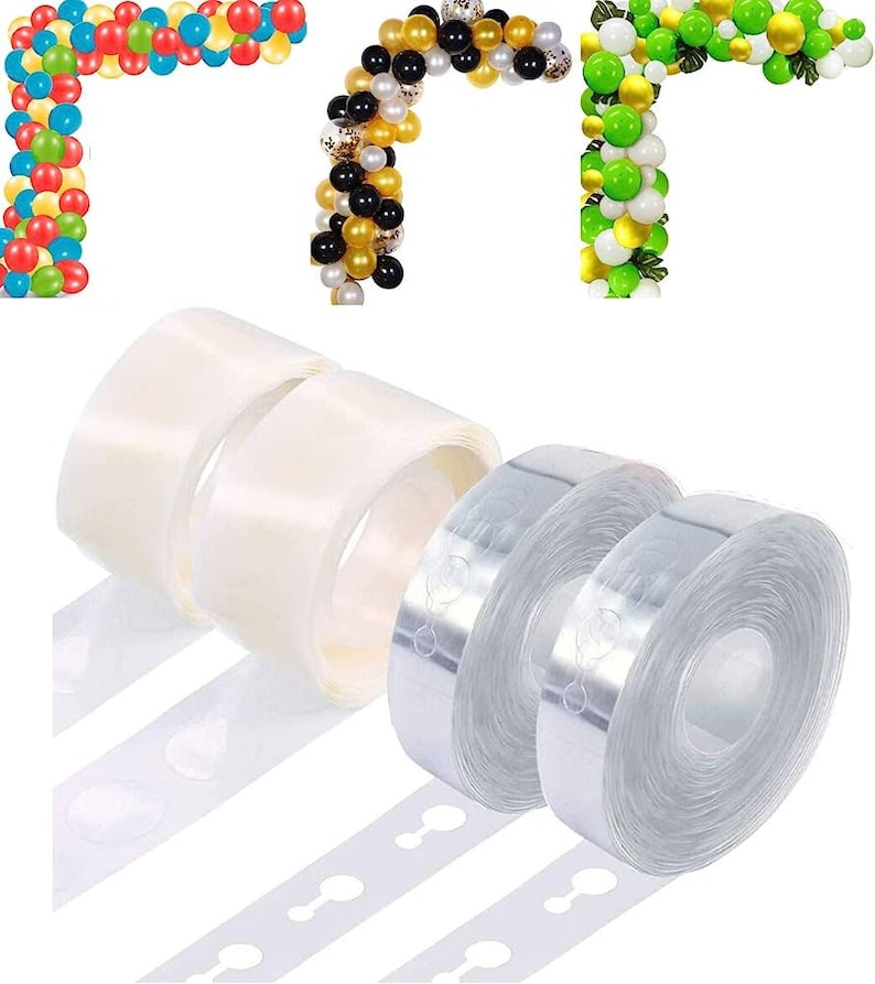 May include: Two rolls of clear balloon arch tape with adhesive dots, two rolls of white balloon arch tape with adhesive dots, and a roll of clear balloon arch tape with adhesive dots. The tape is used to create balloon arches and garlands.