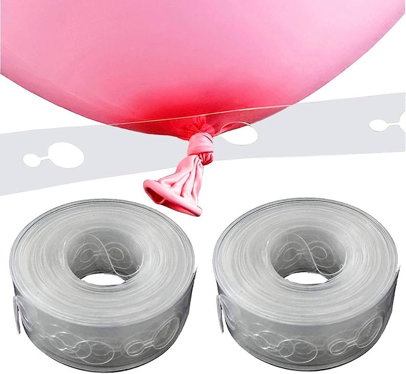 May include: Two rolls of clear balloon arch tape with holes for attaching balloons. The tape is designed to create a balloon arch or garland. A pink balloon is shown being attached to the tape.