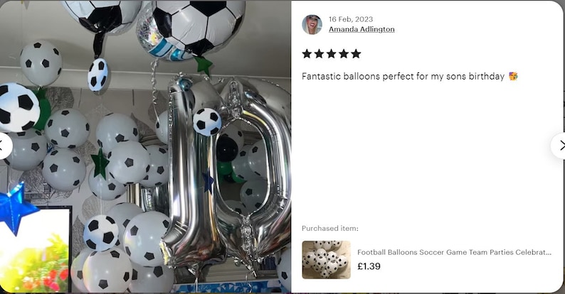 May include: Silver number balloons in the shape of "10" surrounded by black and white soccer ball balloons. The balloons are hanging from the ceiling. The text "Fantastic balloons perfect for my sons birthday" is visible in the image.