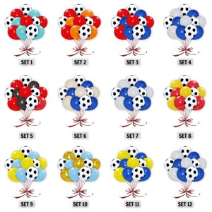 May include: Twelve sets of soccer-themed balloons, each set containing 12 balloons in various colors and patterns. The balloons feature a black and white soccer ball design.