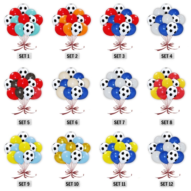 May include: Twelve sets of soccer-themed balloons, each set containing 12 balloons in various colors and patterns. The balloons feature a black and white soccer ball design.
