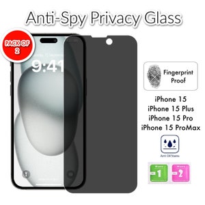 May include: Two-pack of anti-spy privacy glass screen protectors for iPhone 15, iPhone 15 Plus, iPhone 15 Pro, and iPhone 15 ProMax. The screen protectors are black and feature a fingerprint-proof coating. The package includes two wet and two dry wipes for cleaning the screen.