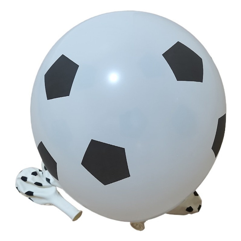 May include: A white soccer ball balloon with black printed soccer ball design. The balloon is deflated and has a small black and white balloon attached to it.