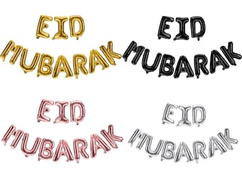 May include: Four sets of gold, black, rose gold, and silver foil balloons spelling out "Eid Mubarak".
