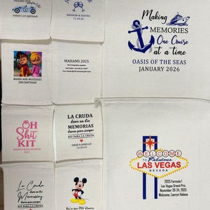 May include: A collection of ten off-white cotton drawstring bags of varying sizes, each featuring unique custom printed graphics and text for events like birthdays, cruises, and weddings, including themes like Las Vegas, Mickey Mouse, and nautical designs.