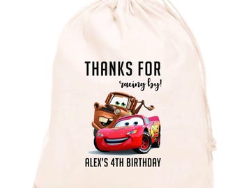 Lightning McQueen Theme Drawstring Bags: Custom Kids Birthday Party Treat Pouch, Racing Celebration Bag