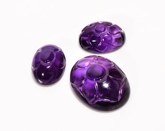 Natural Amethyst Oval Shape Carved Loose Gemstone 3 Pcs For Making Jewelry 29 Ct. 14X10 20X15 mm S-1072