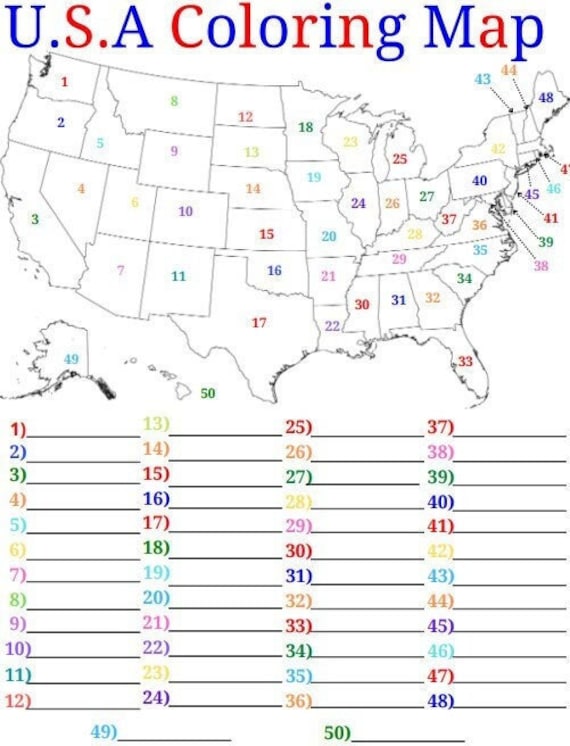 Printable Map of USA Coloring and Learning Worksheet Etsy