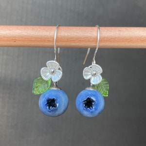 Blueberry Dangle Earrings with Leaves and Flowers