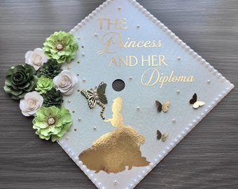 Custom Princess Frog Graduation Cap Topper 2026 | The Princess and Her Diploma | Green Floral Grad Cap Decor