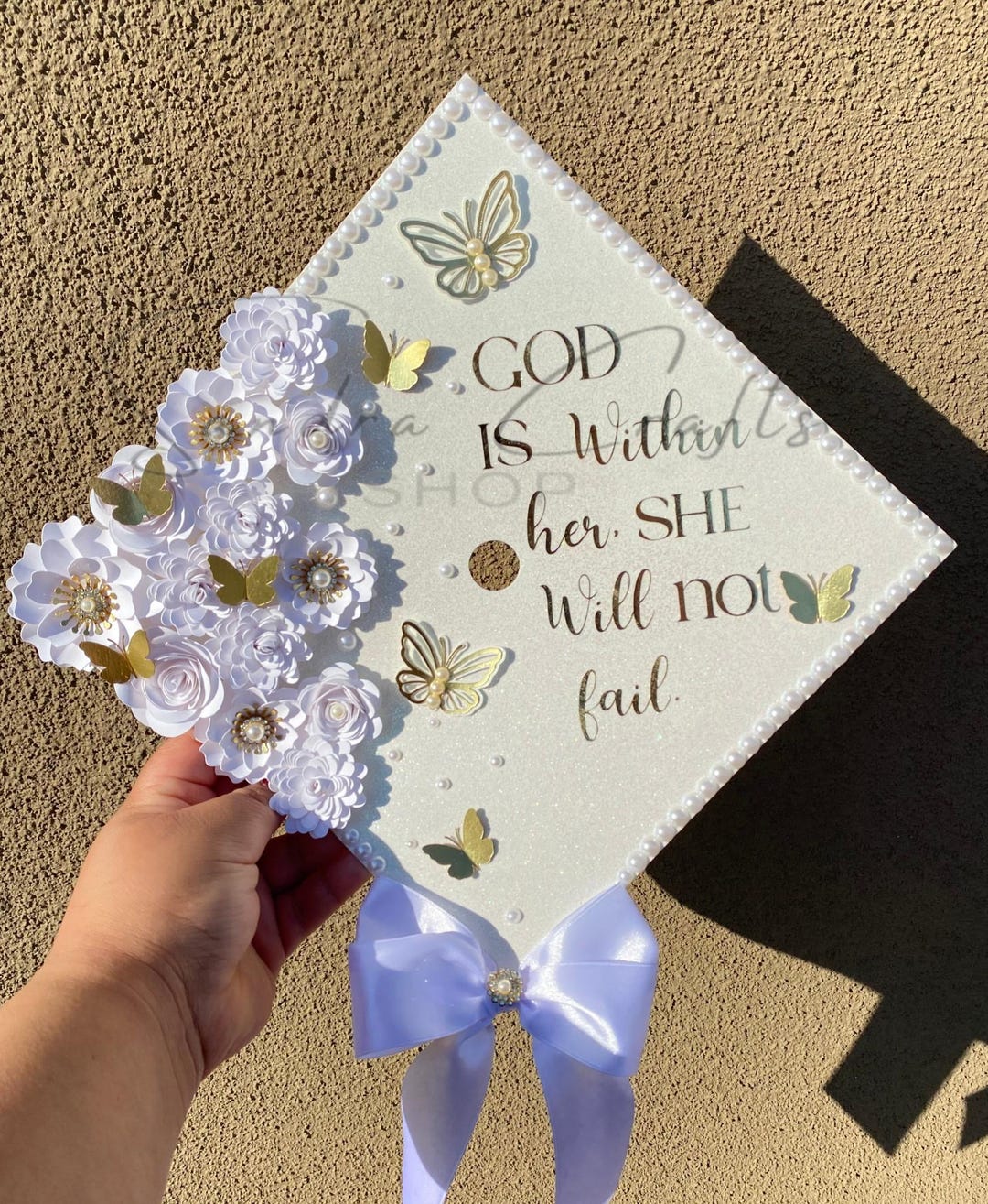 Ready for Ship Custom Grad Graduation Cap Topper White Flowers & Gold ...