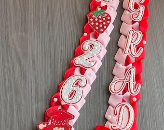 Strawberry Graduation Lei 2026 | Red Ribbon Graduation Lei Custom Senior Night Gift | Handmade Graduation Lei