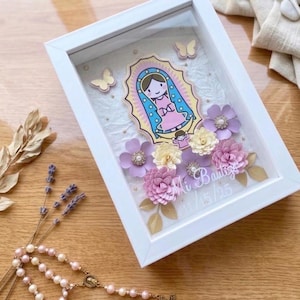 Virgencita Shadow Box, Custom Religious Gift for Baptism, First Communion or Confirmation, Floral Virgin Mary Decor, Nursery Wall Art