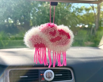 Handmade Pink Cowboy Hat Fringe Punch Needle Car Charm