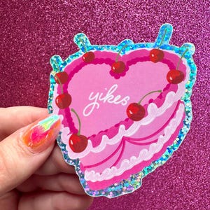 Yikes Fancy Heart Cake, Sparkly Holographic Sticker