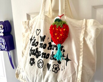 Strawberry Punch Needle Bag Charm, Tote Bag Purse Accessory