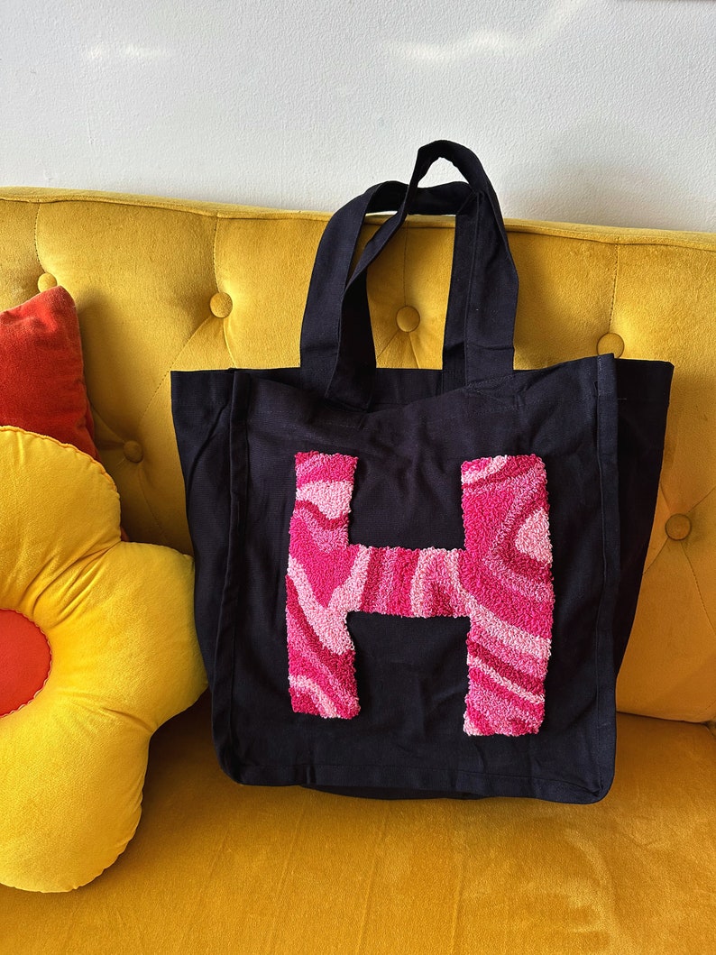 Custom Punch Needle Tote Bag With Letter Initial Etsy