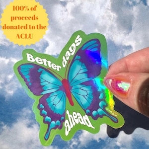 May include: A holographic sticker with a blue and purple butterfly with the text "Better days ahead" on a green background.