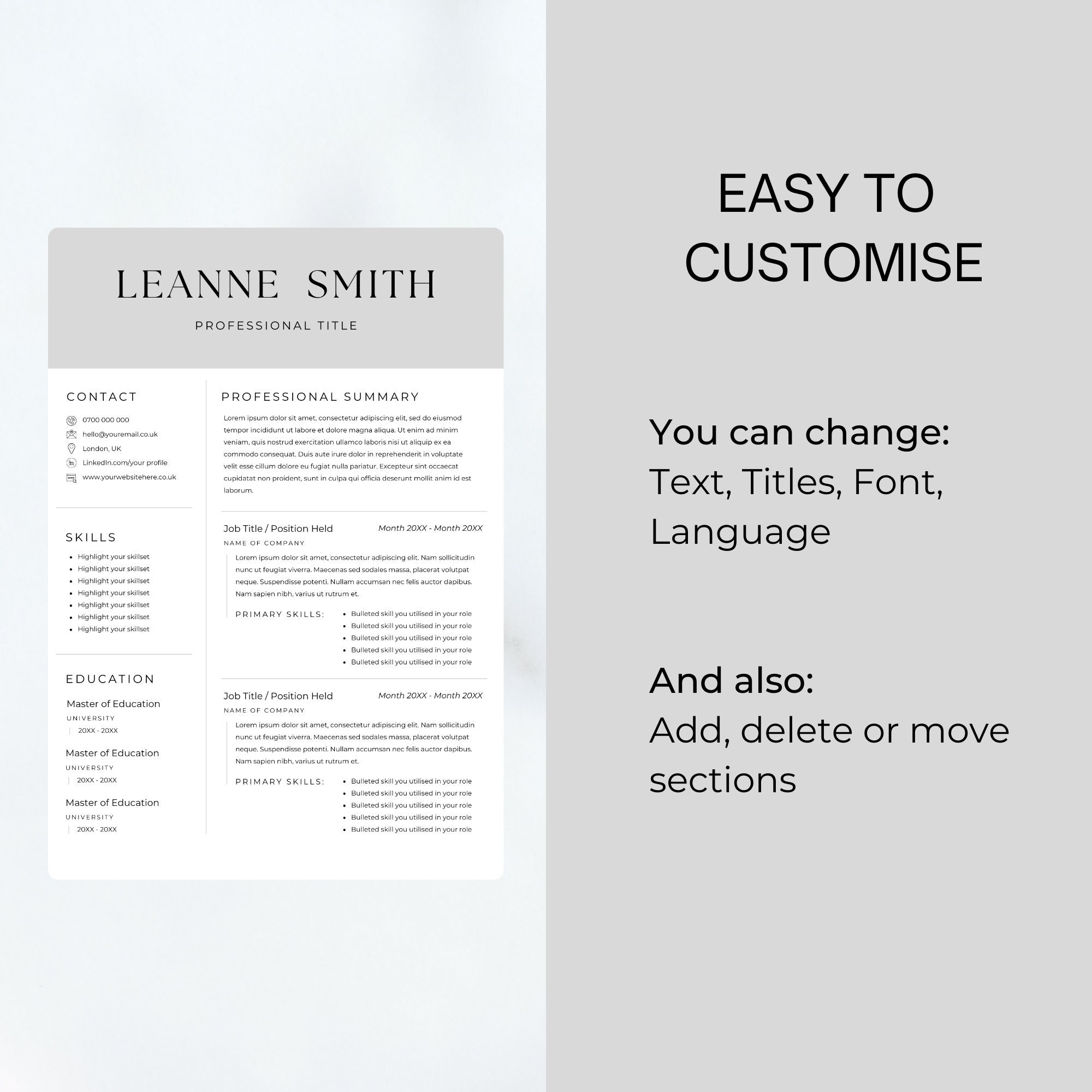 Professional Modern Resume CV Template Microsoft Word CV - Etsy