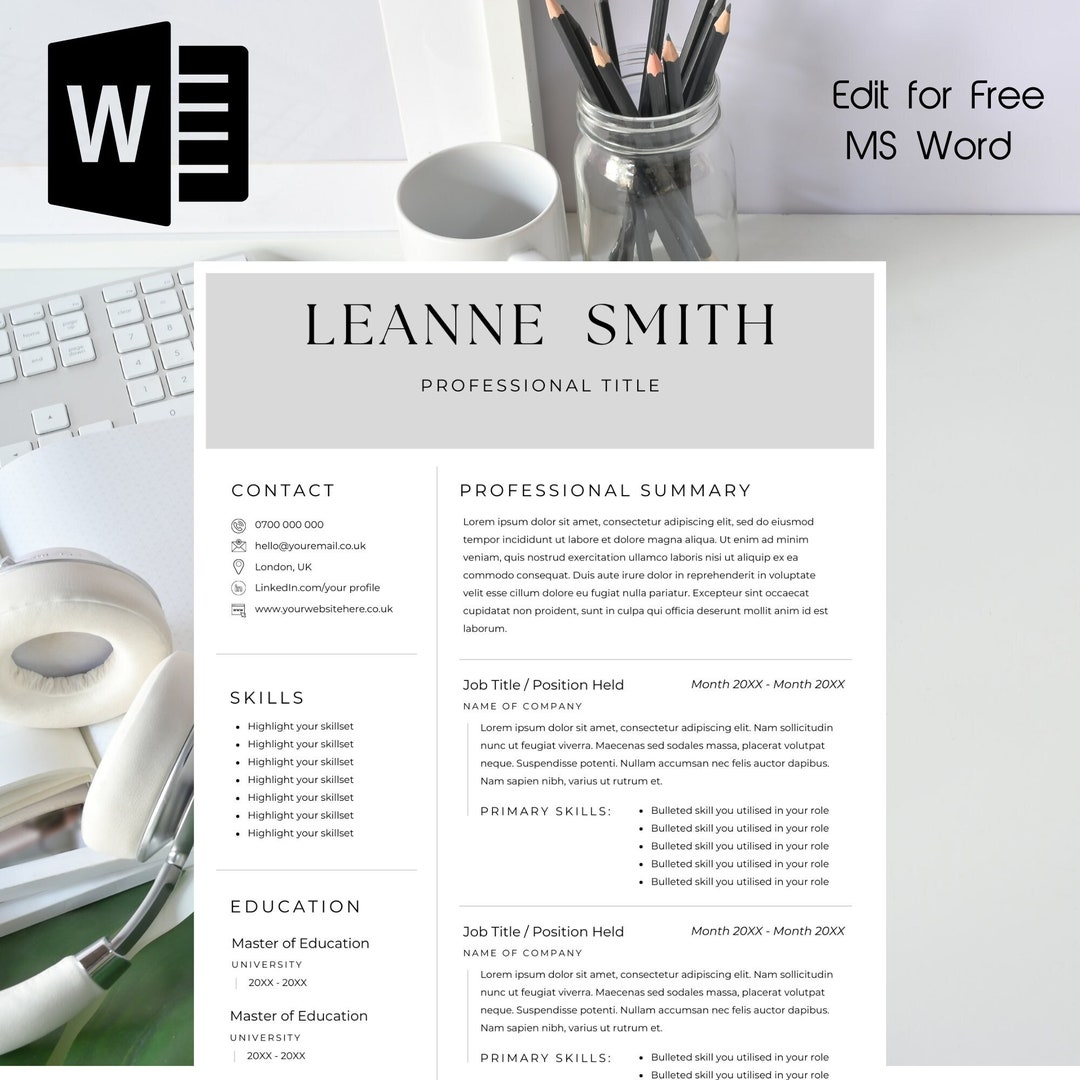 Professional Modern Resume CV Template Microsoft Word CV - Etsy