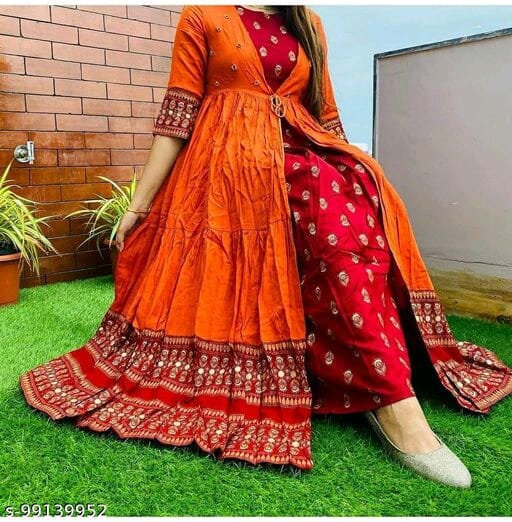 Anarkali Style Long Printed Gown With Mirror Work Shrug for - Etsy